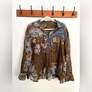 Banana Republic women’s LS linen sheer button down shirt brown blue floral sz. L